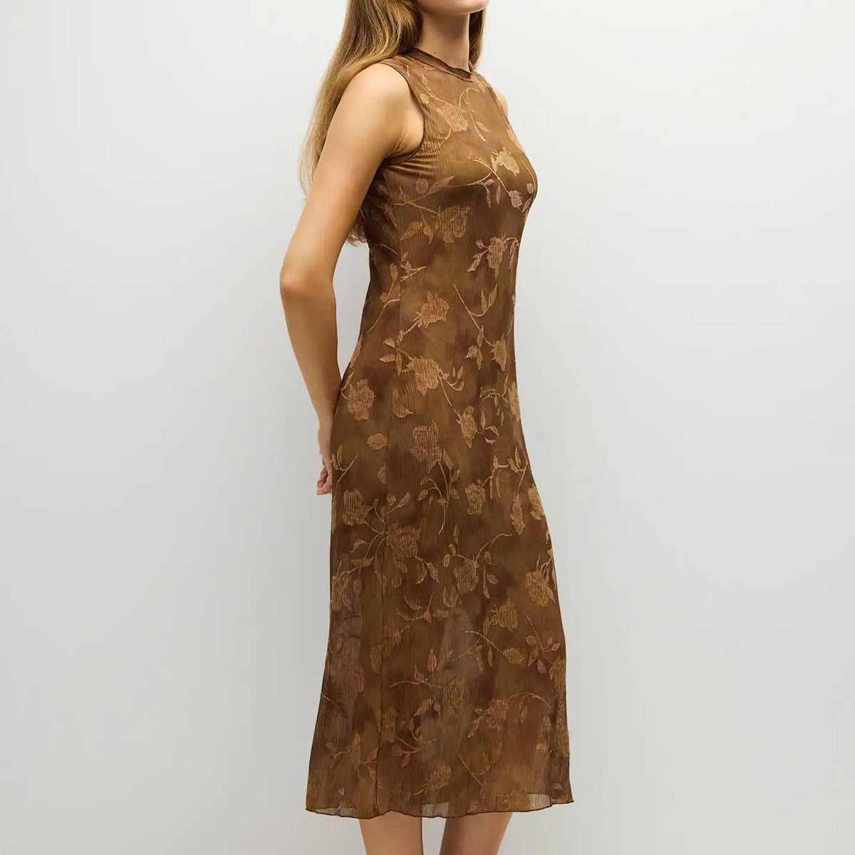 Zoe Dress Midi Floral Mock Neck/Brown