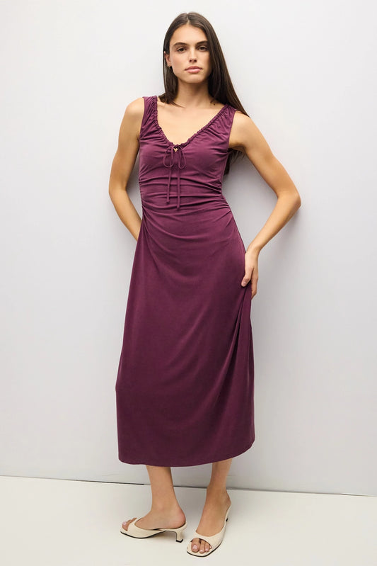 Chell Dress Vneck Ruched Modal Knit Midi/Plum