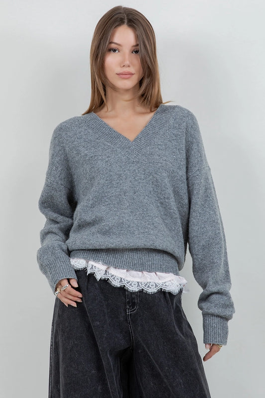 Winona V neck Sweater w/ Lace