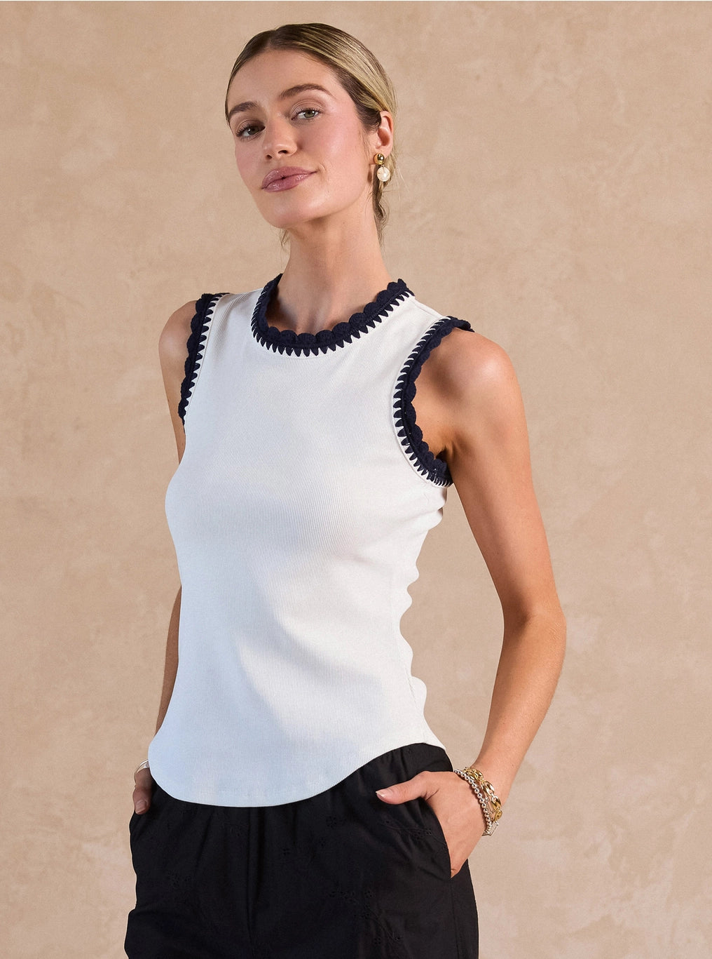 Phoebe Ribbed Tank Top w/Crochet Trim Detail