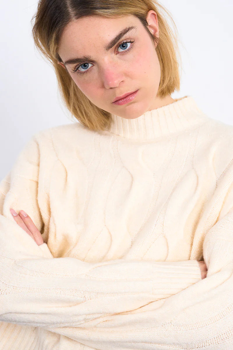 Payton Knit Cable Mock Neck Sweater/Ivory