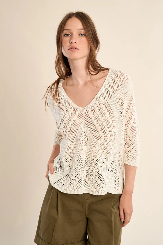 Aspen Short Sleeve Crochet Knit Top/Off White