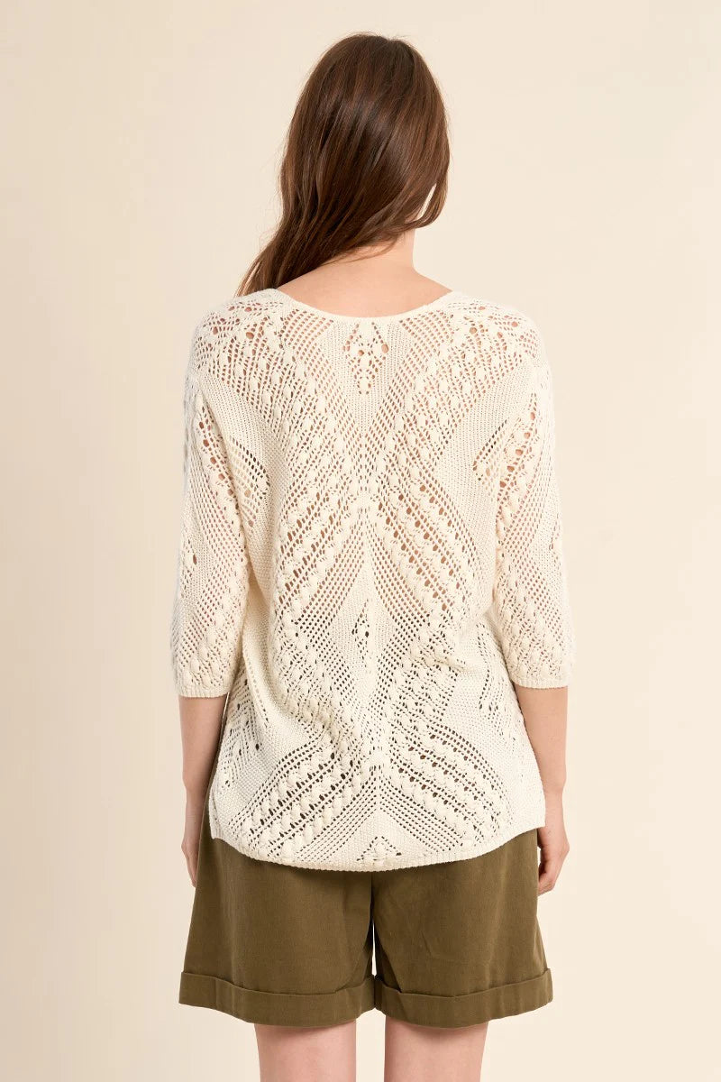 Aspen Short Sleeve Crochet Knit Top/Off White