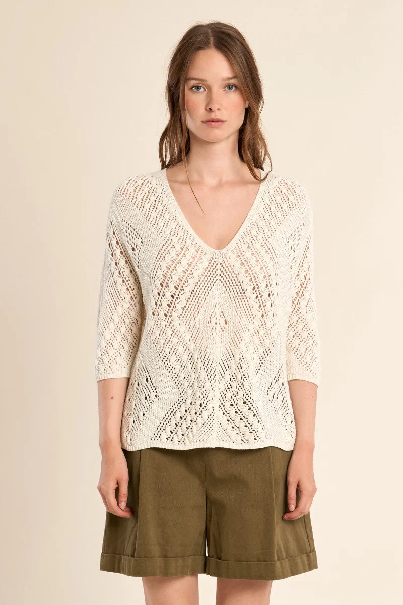 Aspen Short Sleeve Crochet Knit Top/Off White