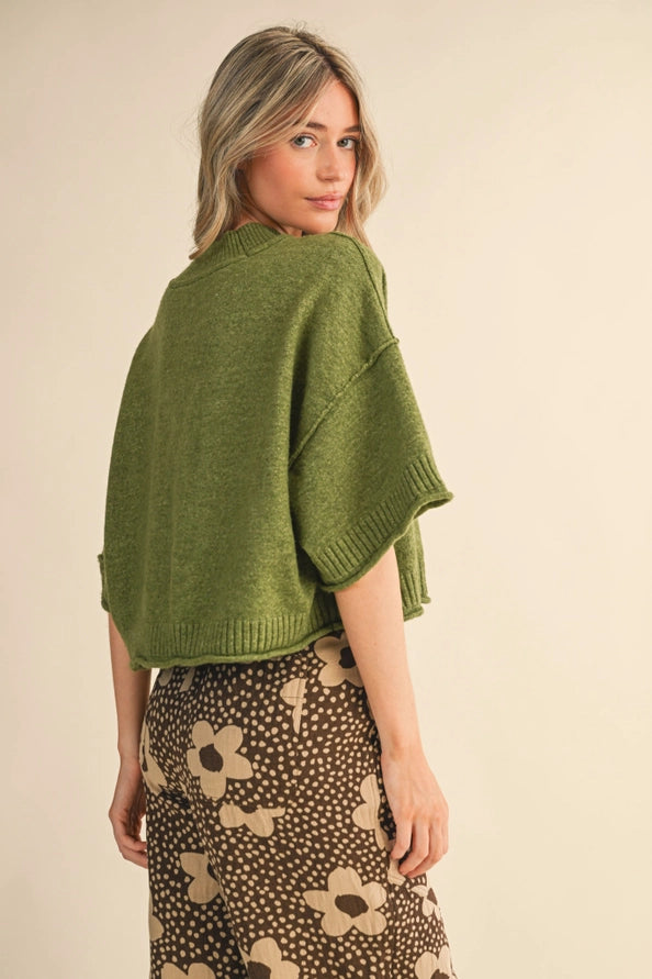 Kate Marled Knit Mock Neck Short Sleeve Top/Olive Green