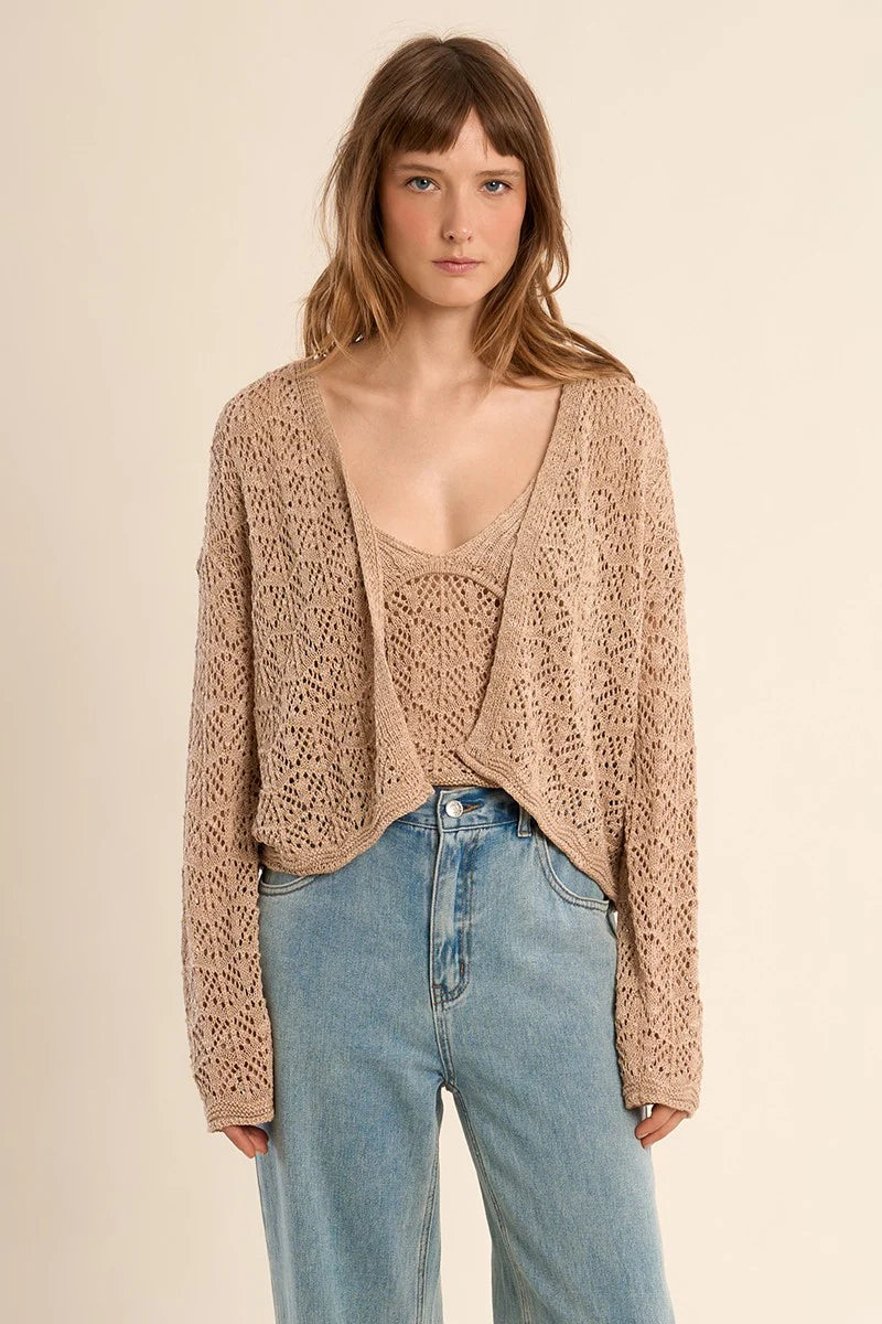 Aalyiah Open Crochet Cardigan/Tan
