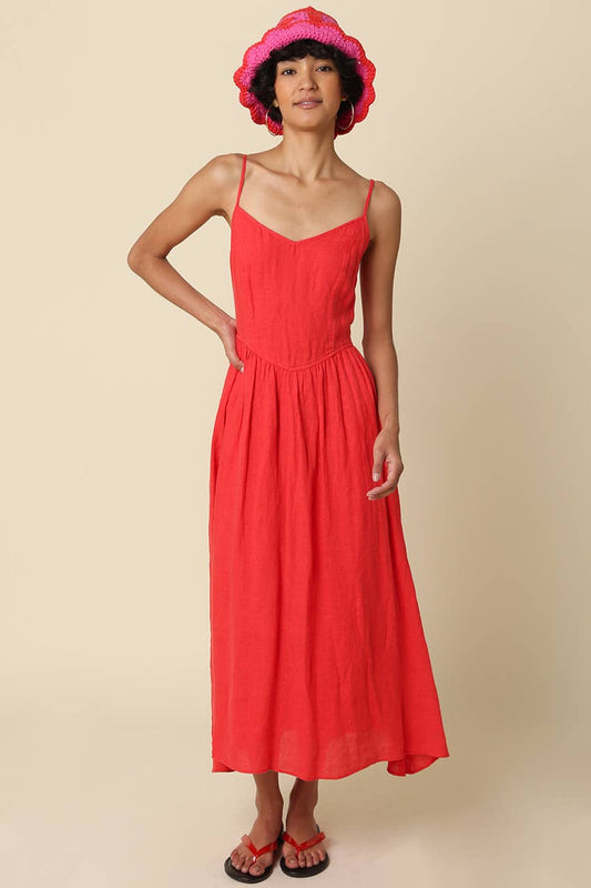 Jodi Linen Sleeveless Maxi Dress/Red