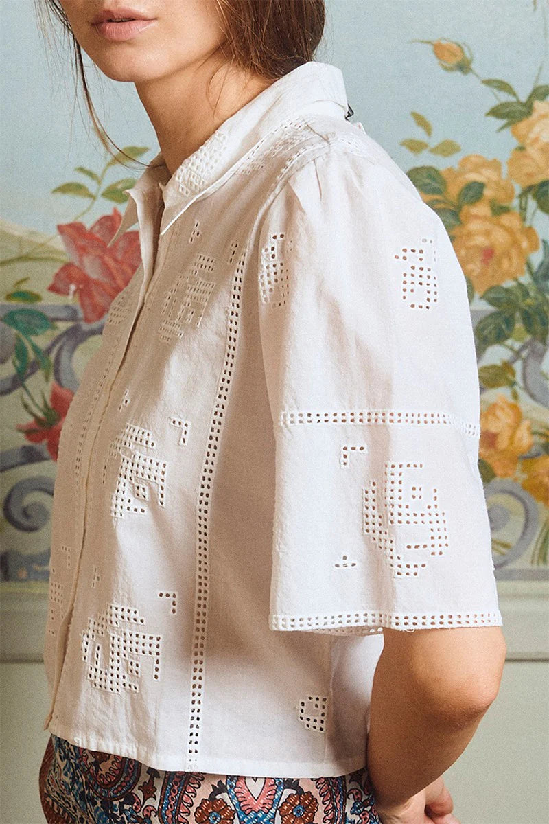 Mariah Embroidery Crop Collar Button Up Top/Off White