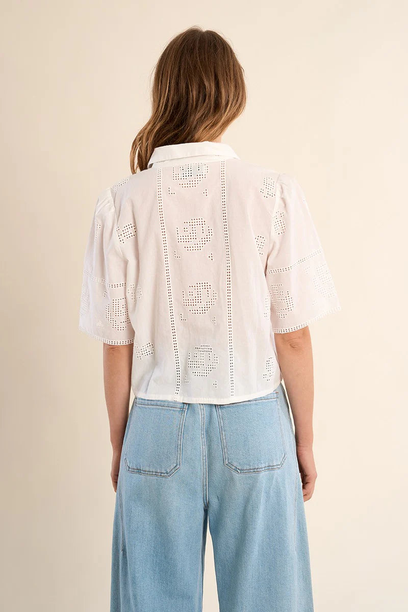 Mariah Embroidery Crop Collar Button Up Top/Off White