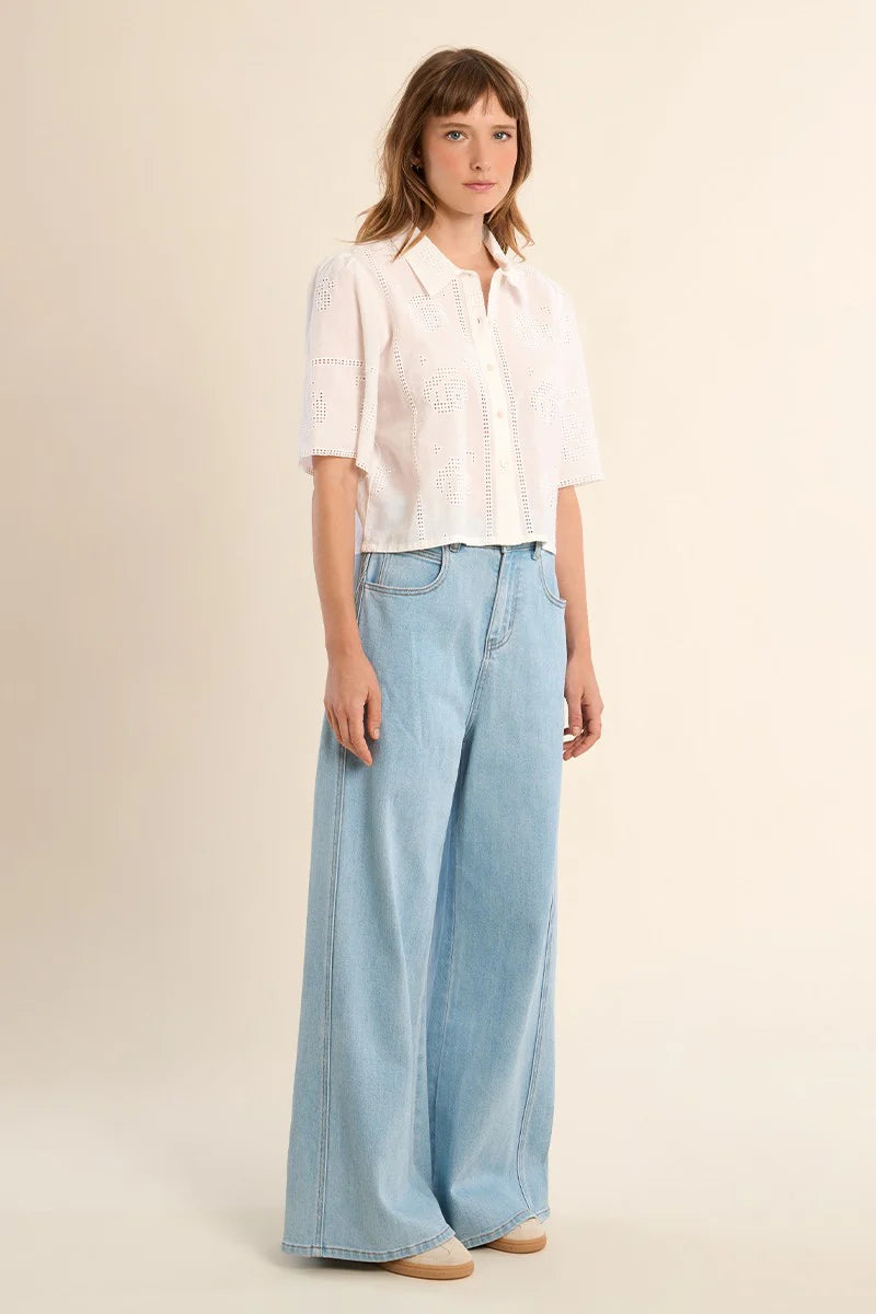 Mariah Embroidery Crop Collar Button Up Top/Off White