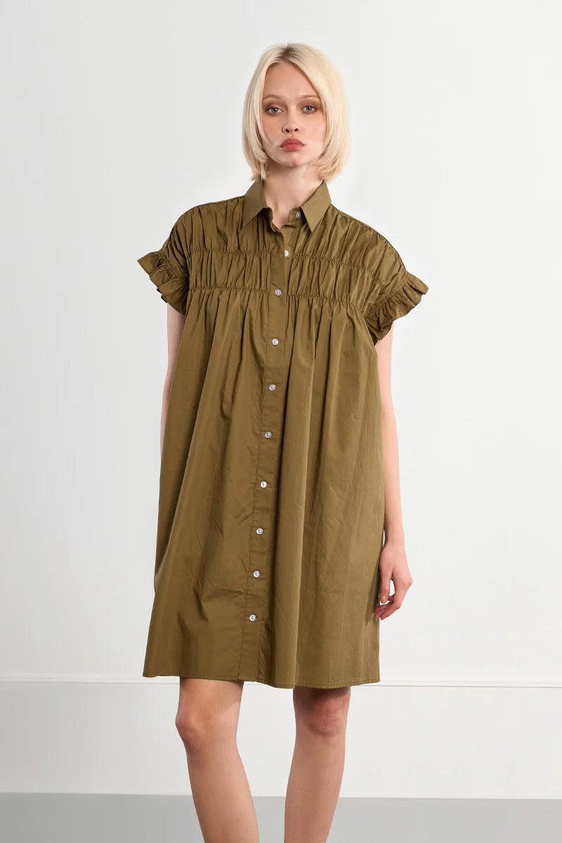 Cece Smocked Cotton Dress Shirt Dress/Khaki