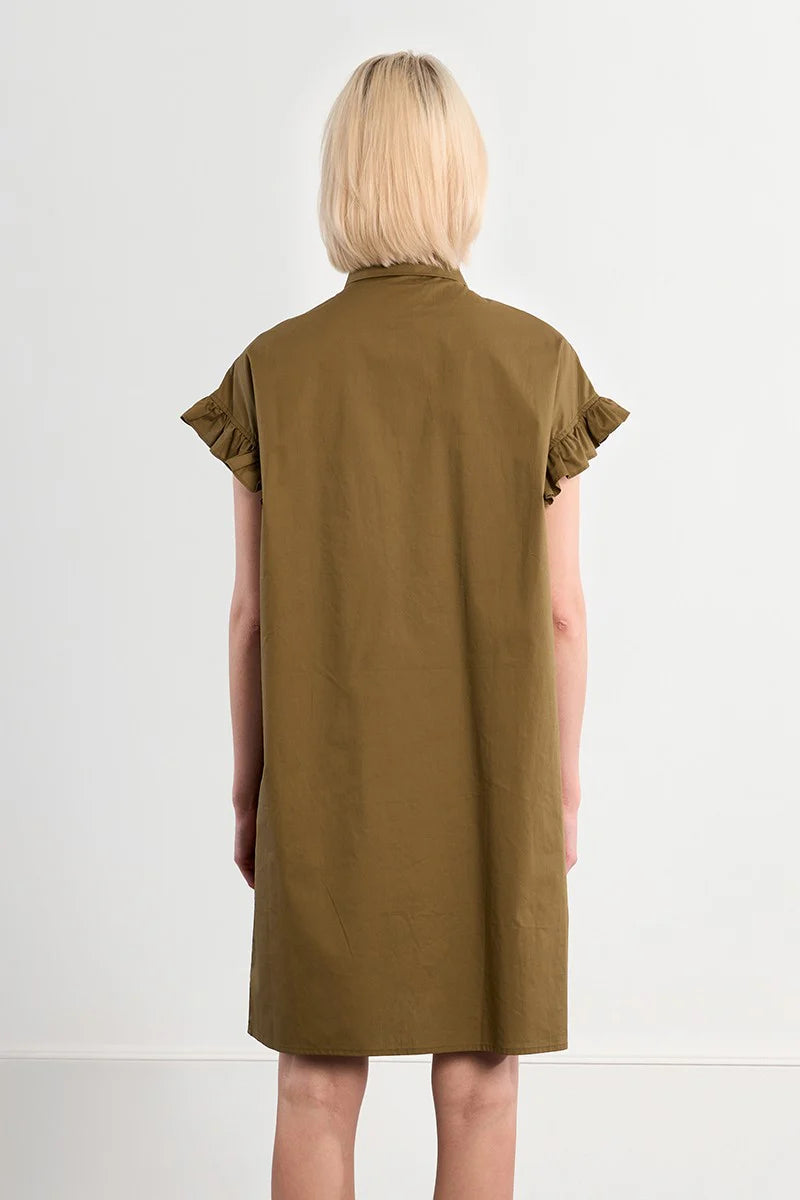 Cece Smocked Cotton Dress Shirt Dress/Khaki