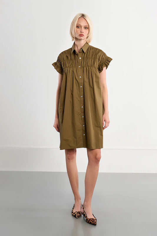 Cece Smocked Cotton Dress Shirt Dress/Khaki