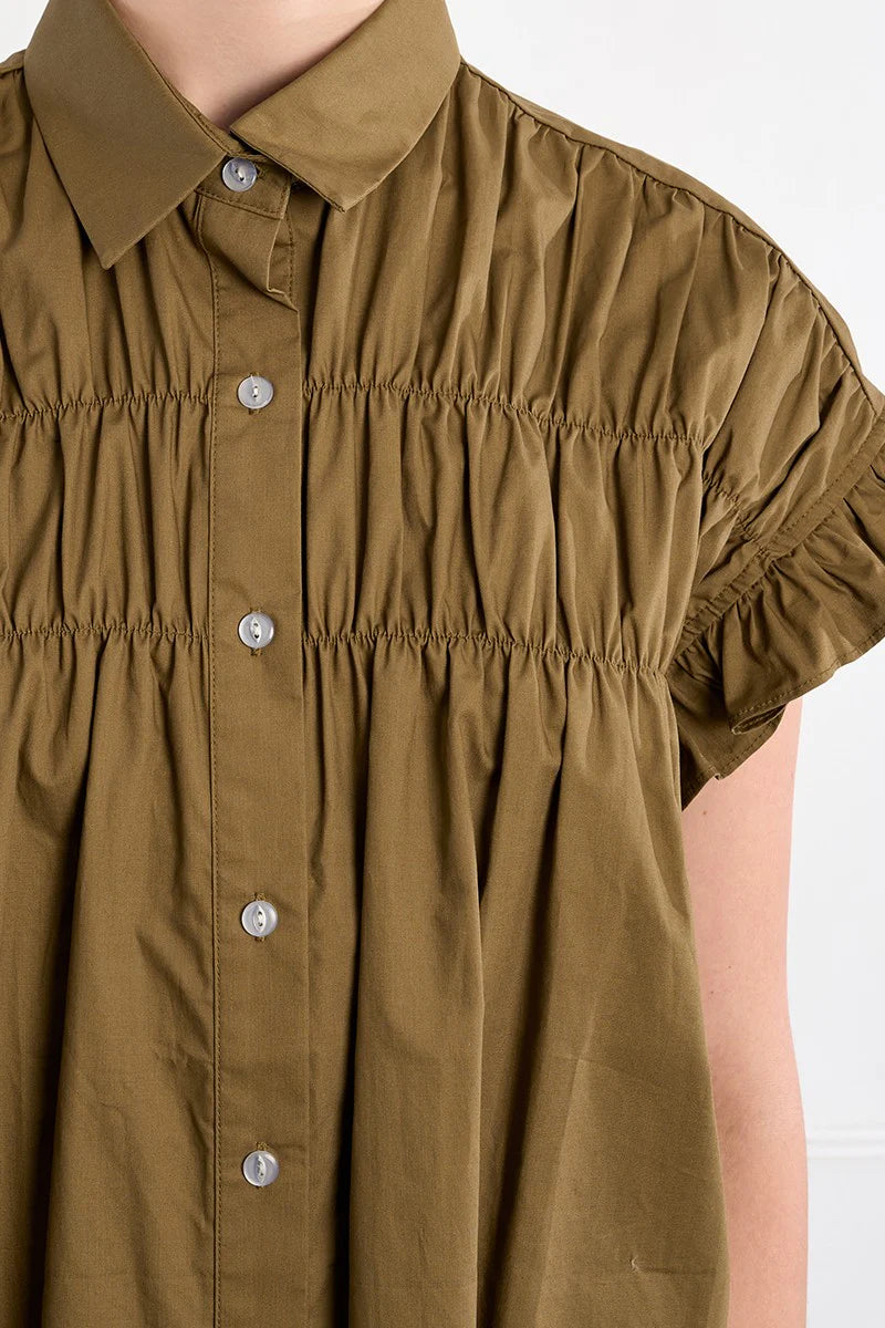 Cece Smocked Cotton Dress Shirt Dress/Khaki