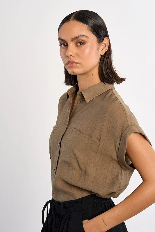 Sarah Flowy Short Sleeve Button Up Blouse/Khaki