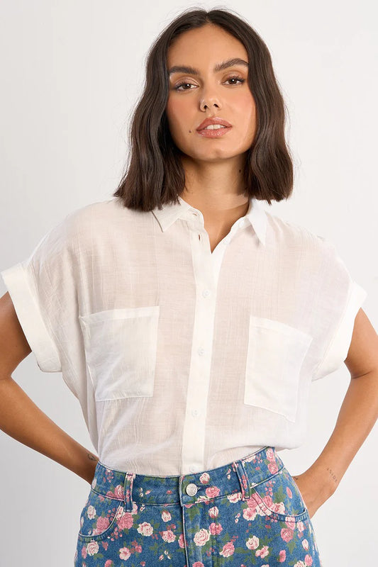 Sarah Flowy Short Sleeve Button Up Blouse/White