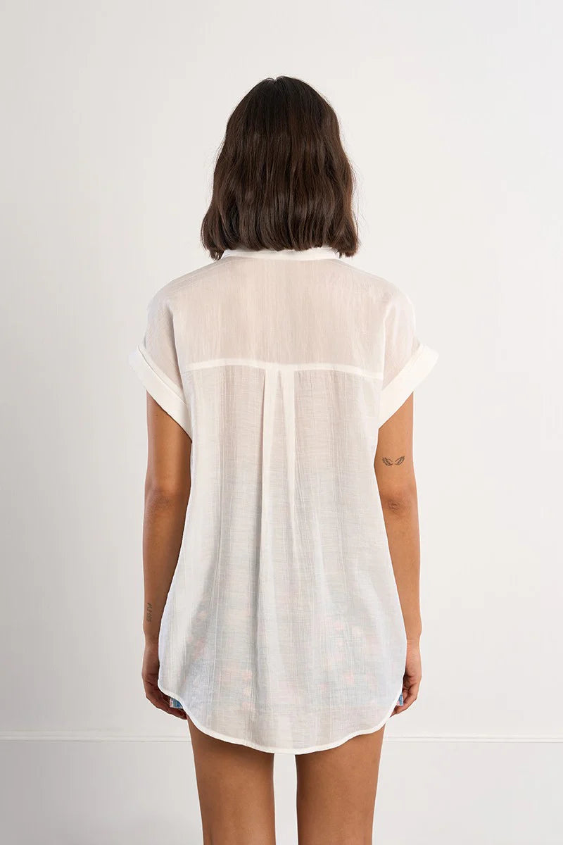 Sarah Flowy Short Sleeve Button Up Blouse/White
