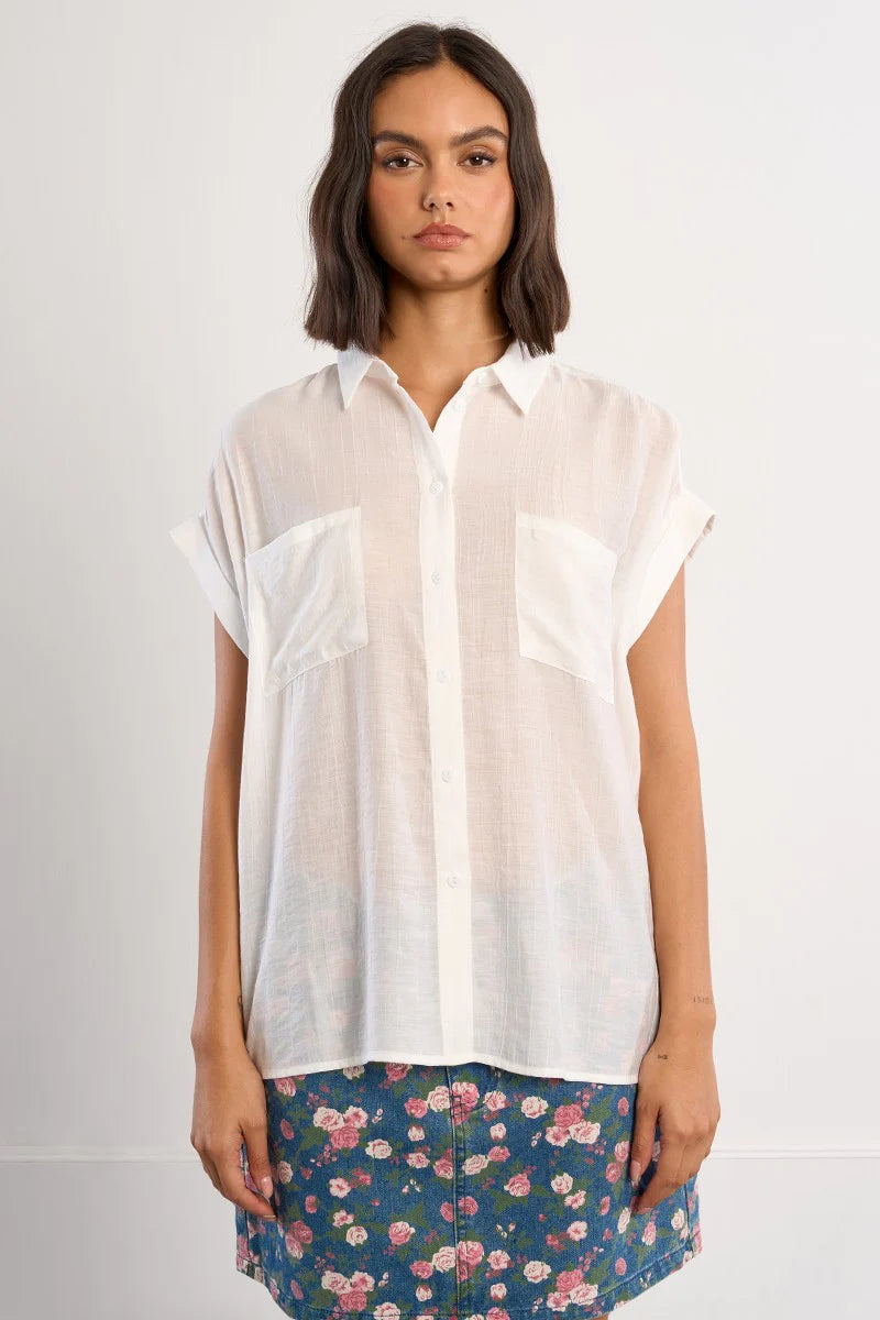 Sarah Flowy Short Sleeve Button Up Blouse/White