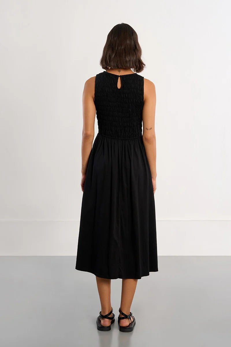 Amanda Smocked Cotton Midi Dress/Black