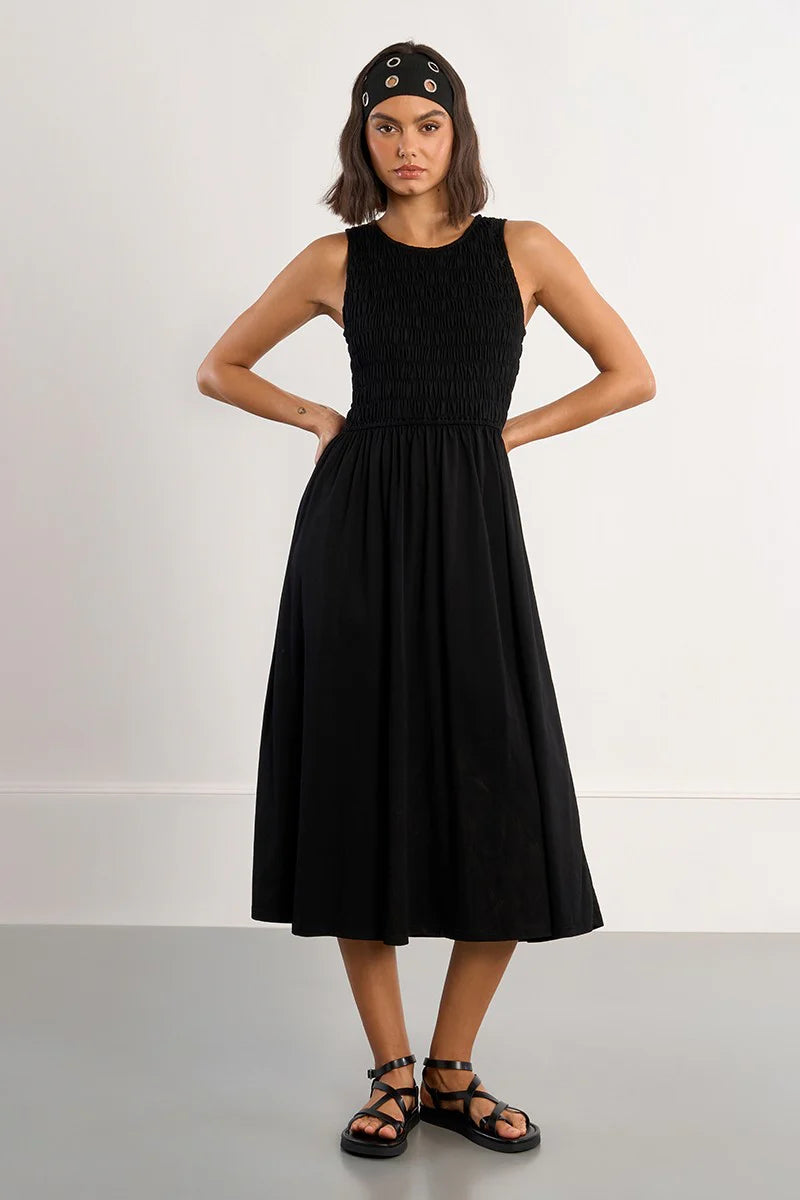 Amanda Smocked Cotton Midi Dress/Black