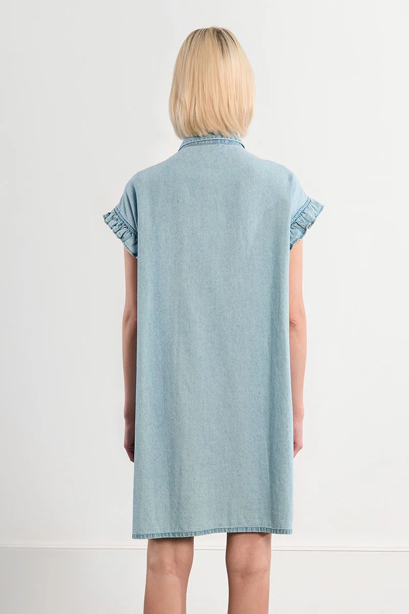Cece Denim Smocked Cotton Dress Short Sleeve/Denim Blue