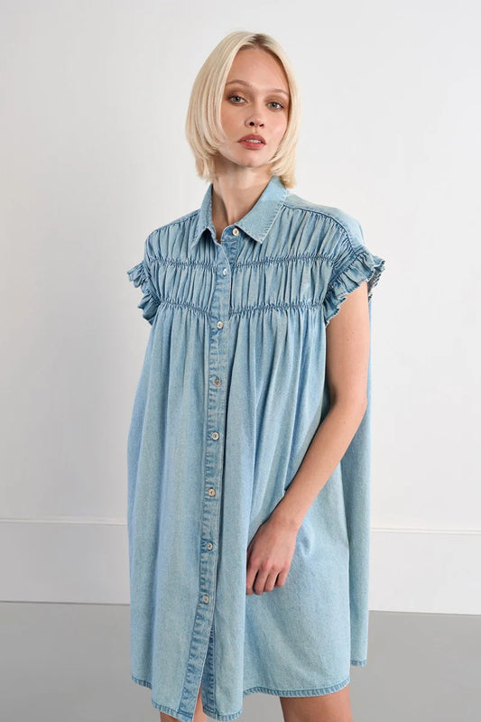 Cece Denim Smocked Cotton Dress Short Sleeve/Denim Blue