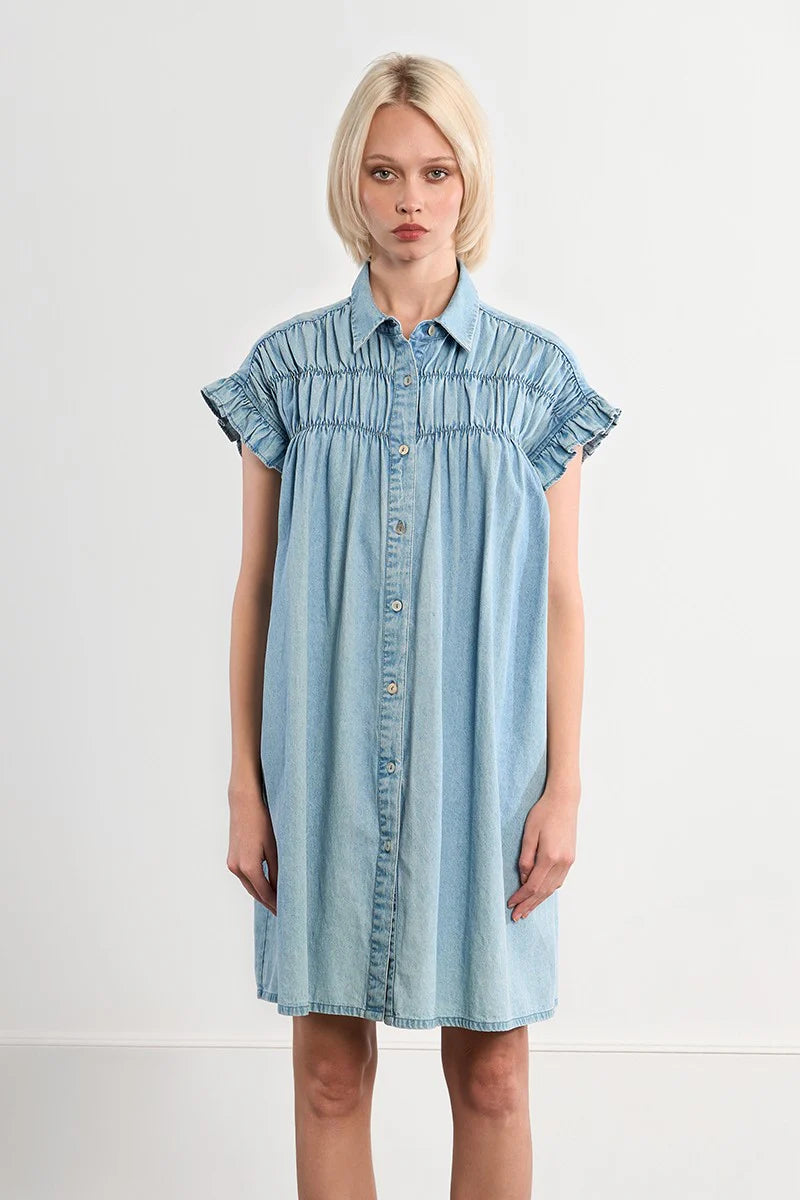 Cece Denim Smocked Cotton Dress Short Sleeve/Denim Blue