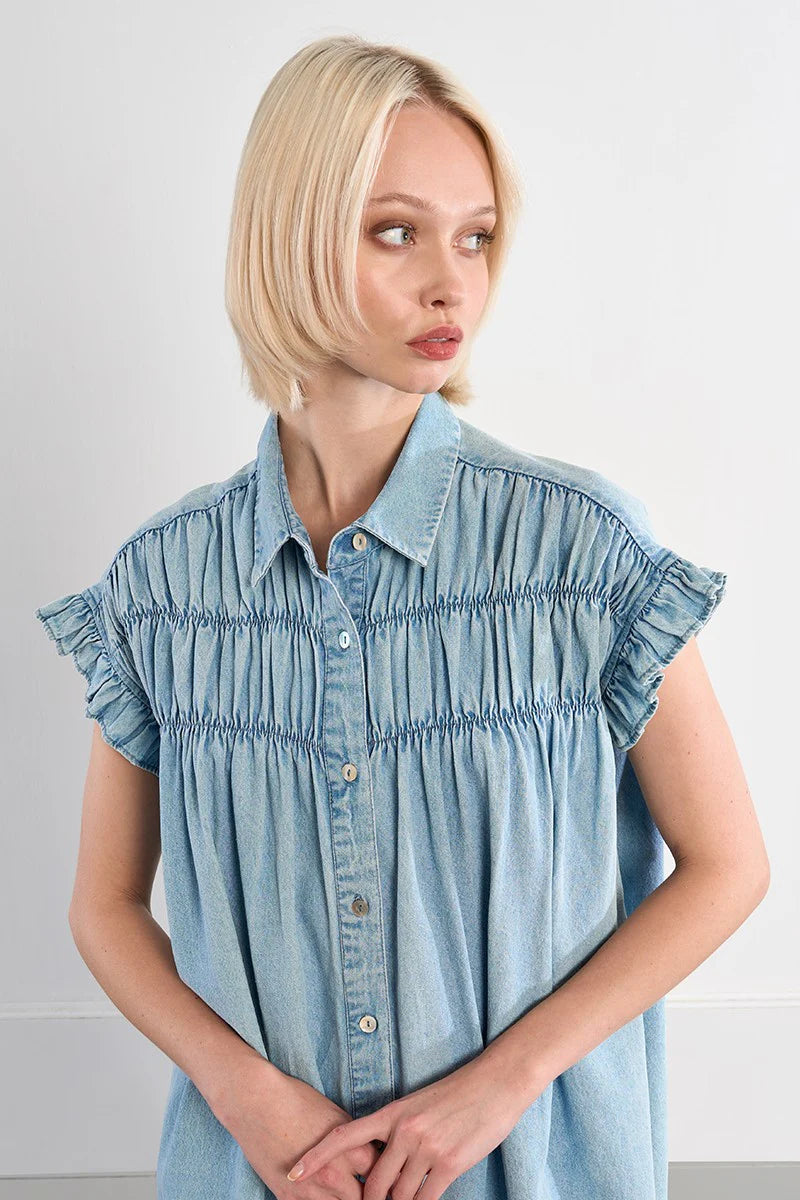 Cece Denim Smocked Cotton Dress Short Sleeve/Denim Blue
