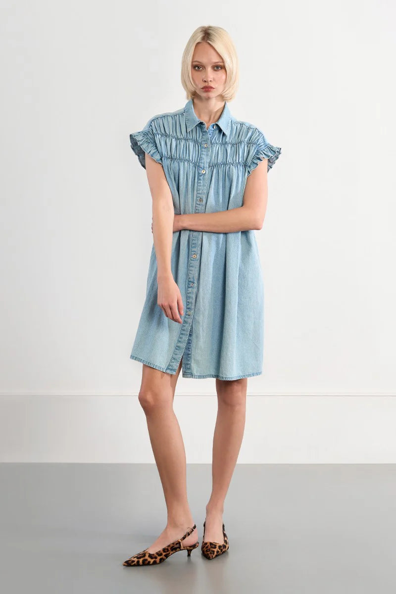 Cece Denim Smocked Cotton Dress Short Sleeve/Denim Blue