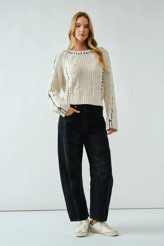 Amber Embroidered Detail Barrel Jeans/Faded Black