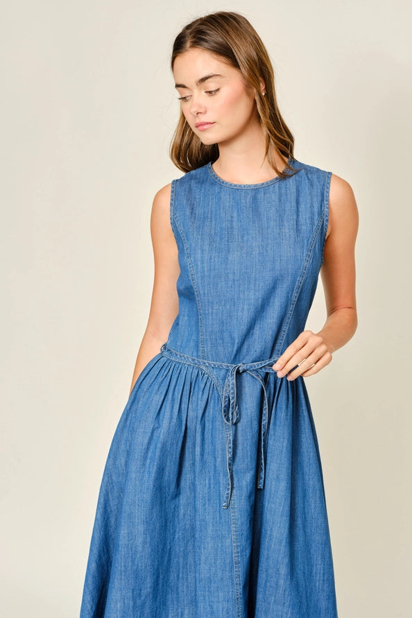 Brenna Paneled Denim Midi Dress w/Belt