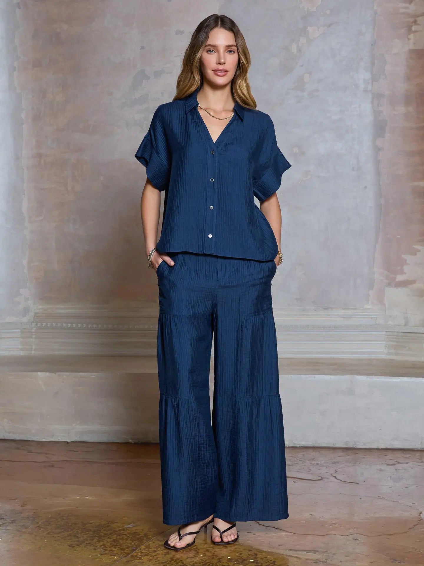 Savannah Oversized Textured Collared Shirt/Navy