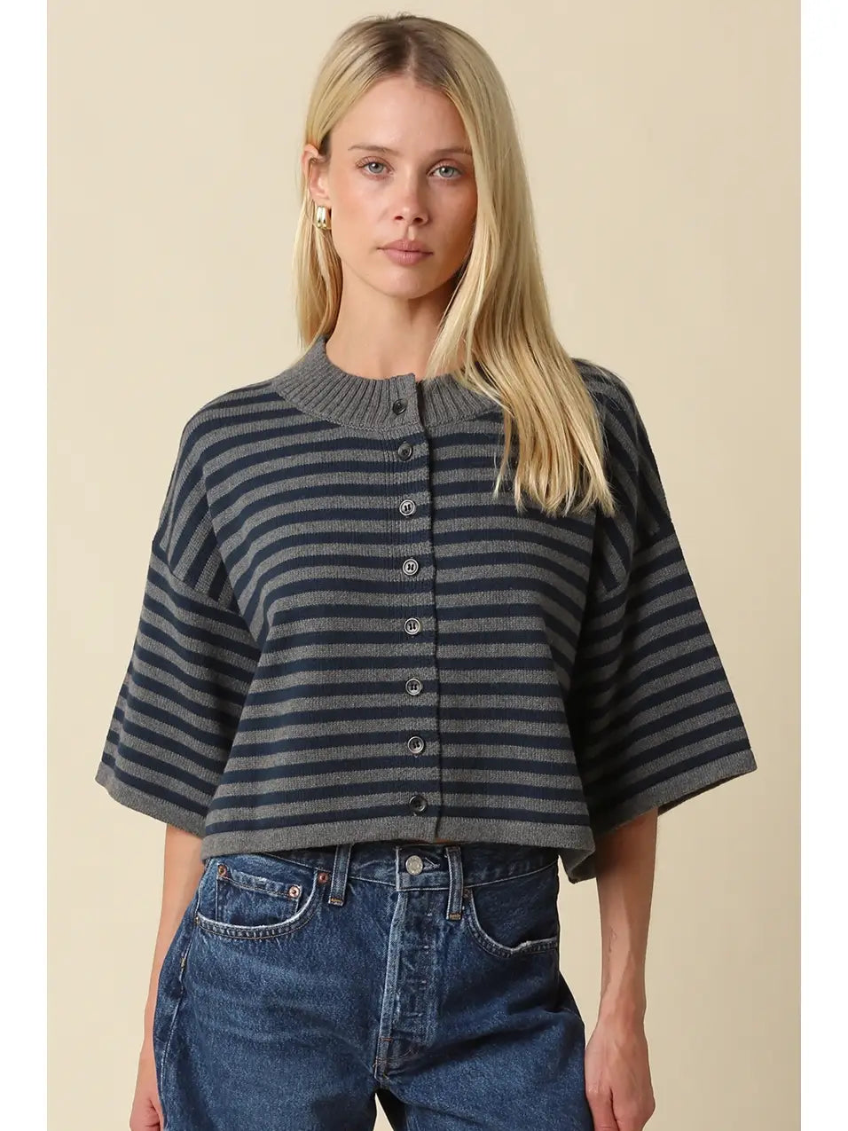 Natalia Striped Short Sleeve Button Up Knit/Dk.Grey+Navy