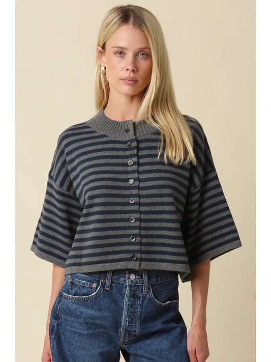 Natalia Striped Short Sleeve Button Up Knit/Dk.Grey+Navy