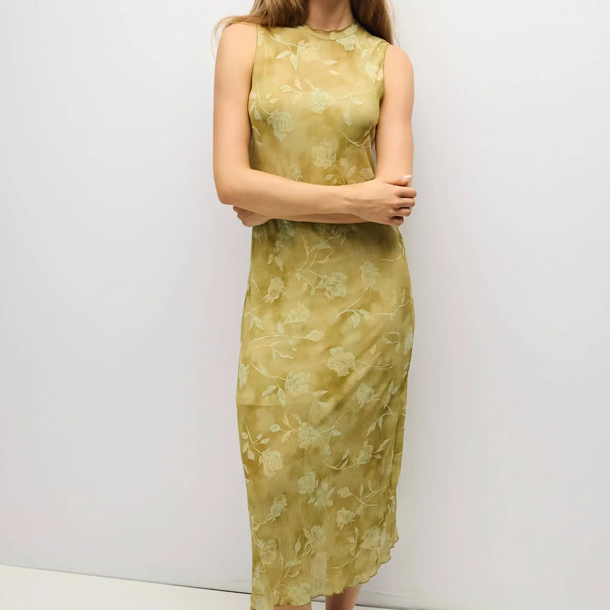 Zoe Dress Midi Floral Mock Neck/Chartreuse