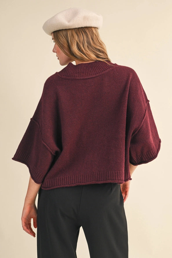 Kate Marled Knit Mock Neck Short Sleeve Top/Wine