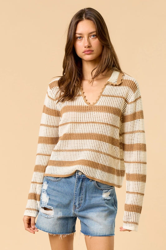 Layla Crochet Striped V Neck Pullover