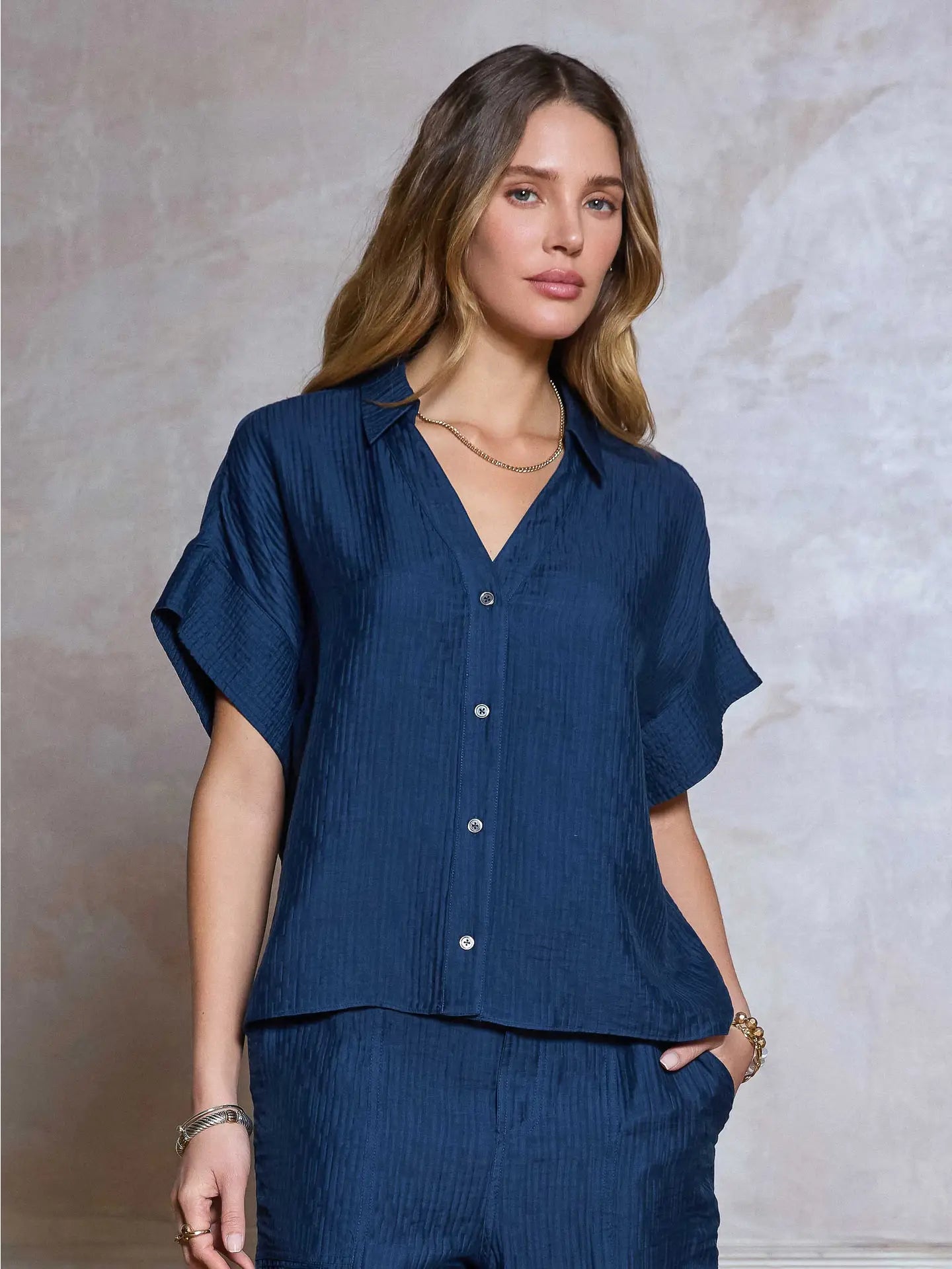 Savannah Oversized Textured Collared Shirt/Navy