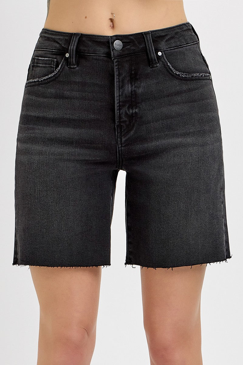 Amy Black High Rise Mid Length Raw Cut Hem Shorts