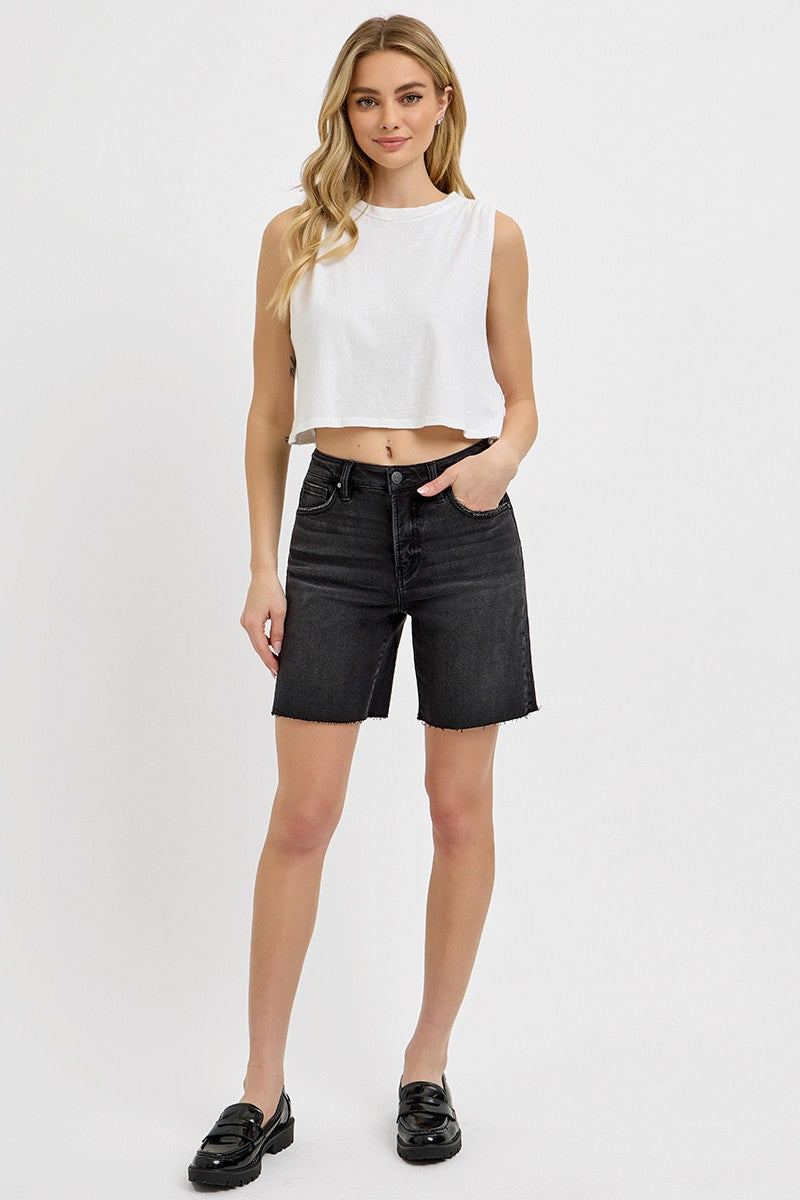 Amy Black High Rise Mid Length Raw Cut Hem Shorts