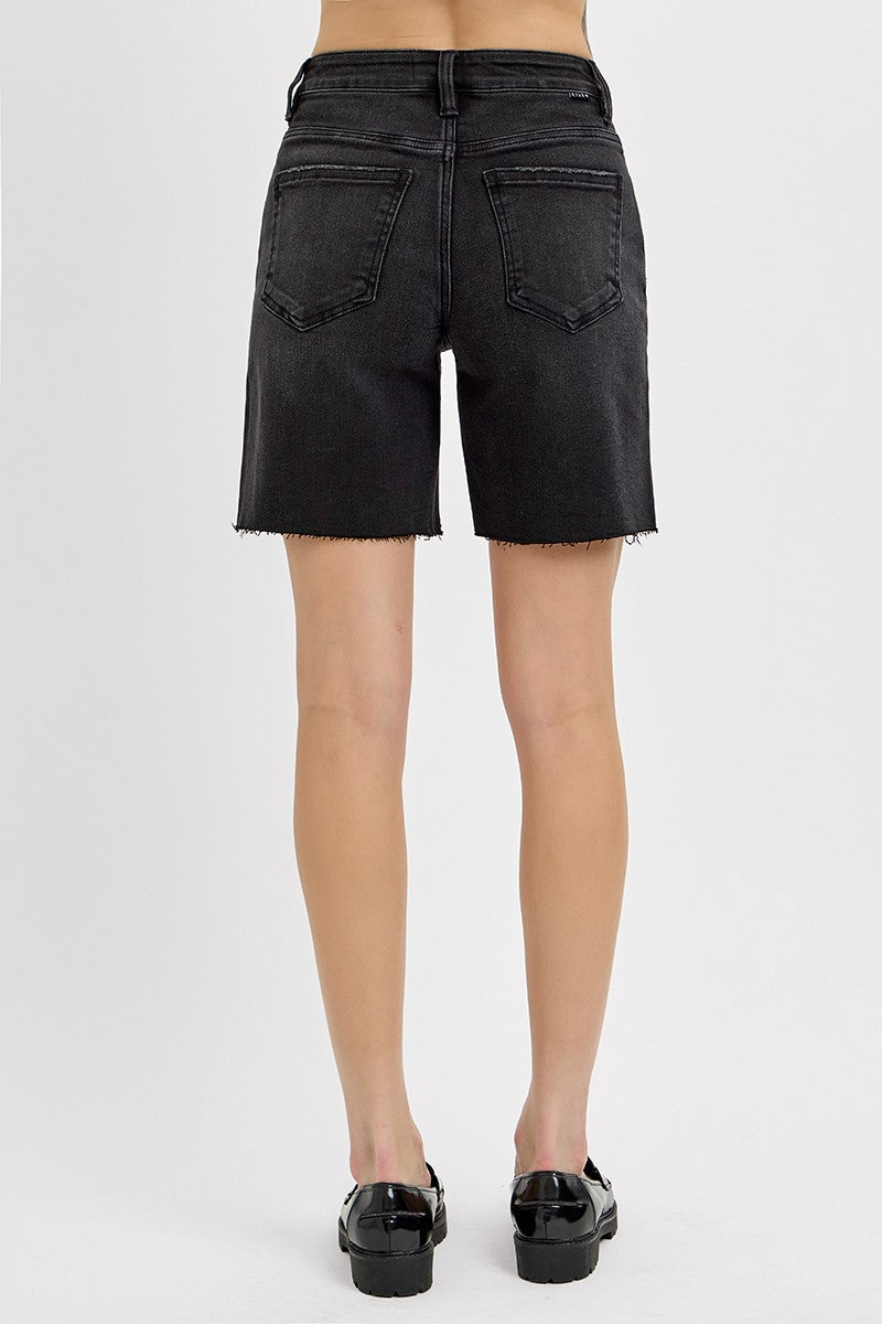 Amy Black High Rise Mid Length Raw Cut Hem Shorts