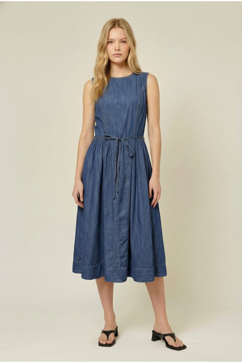 Brenna Paneled Denim Midi Dress w/Belt