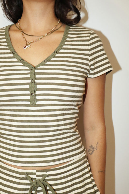 Sylvie Striped Snap Button Tee/Olive