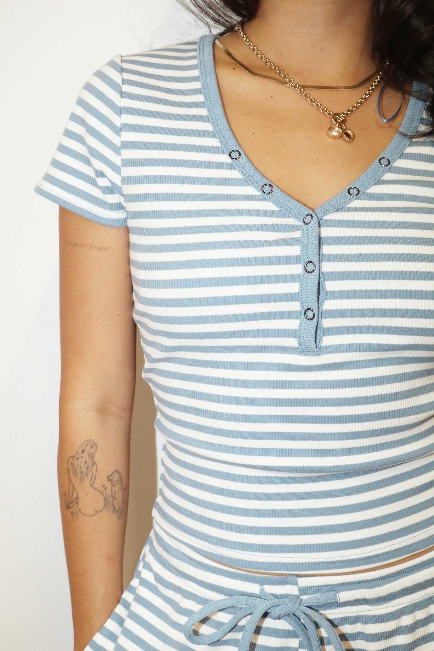 Sylvie Striped Snap Button Tee/Blue