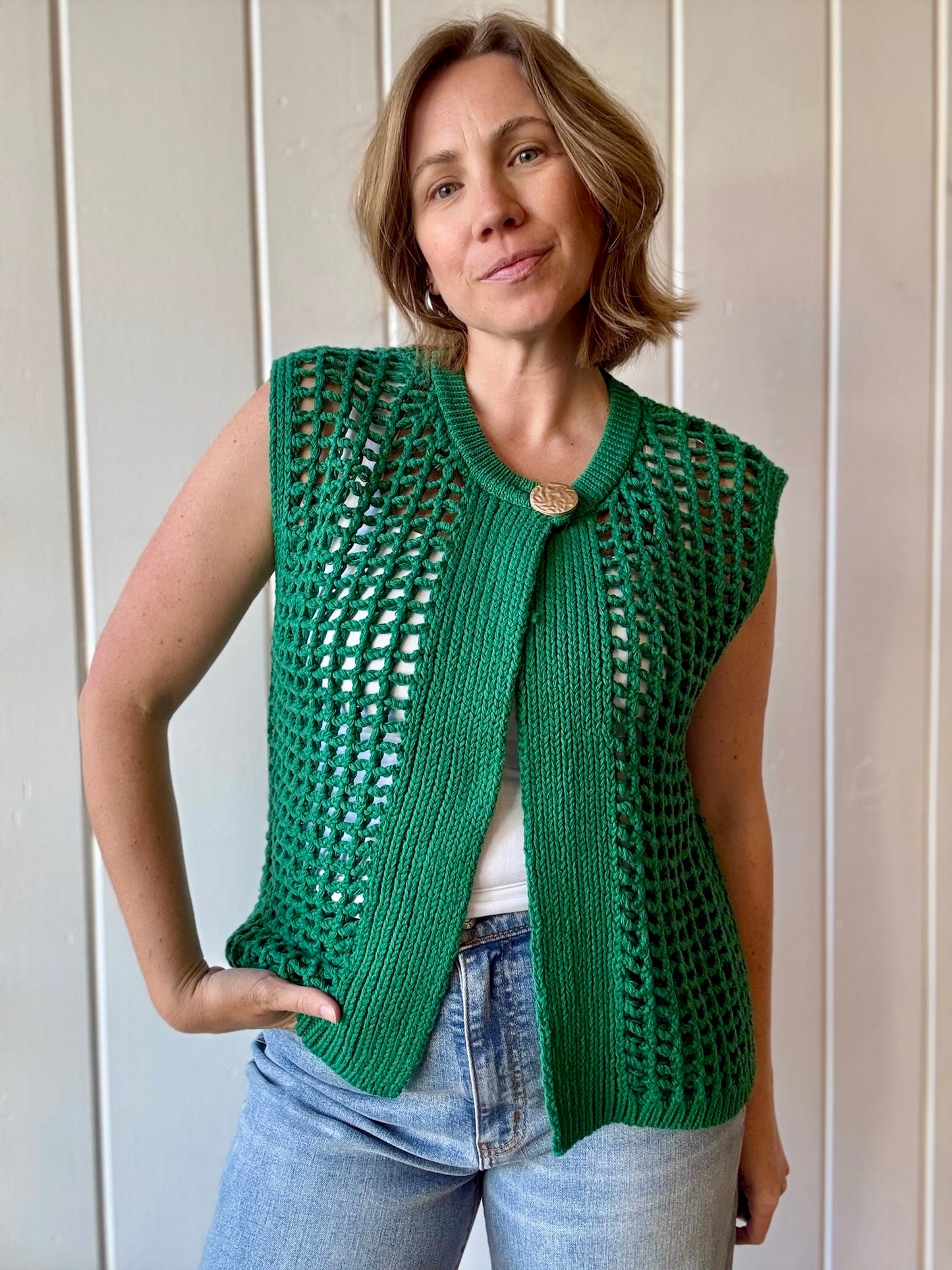 Wren Open Knit Crochet Vest/Green