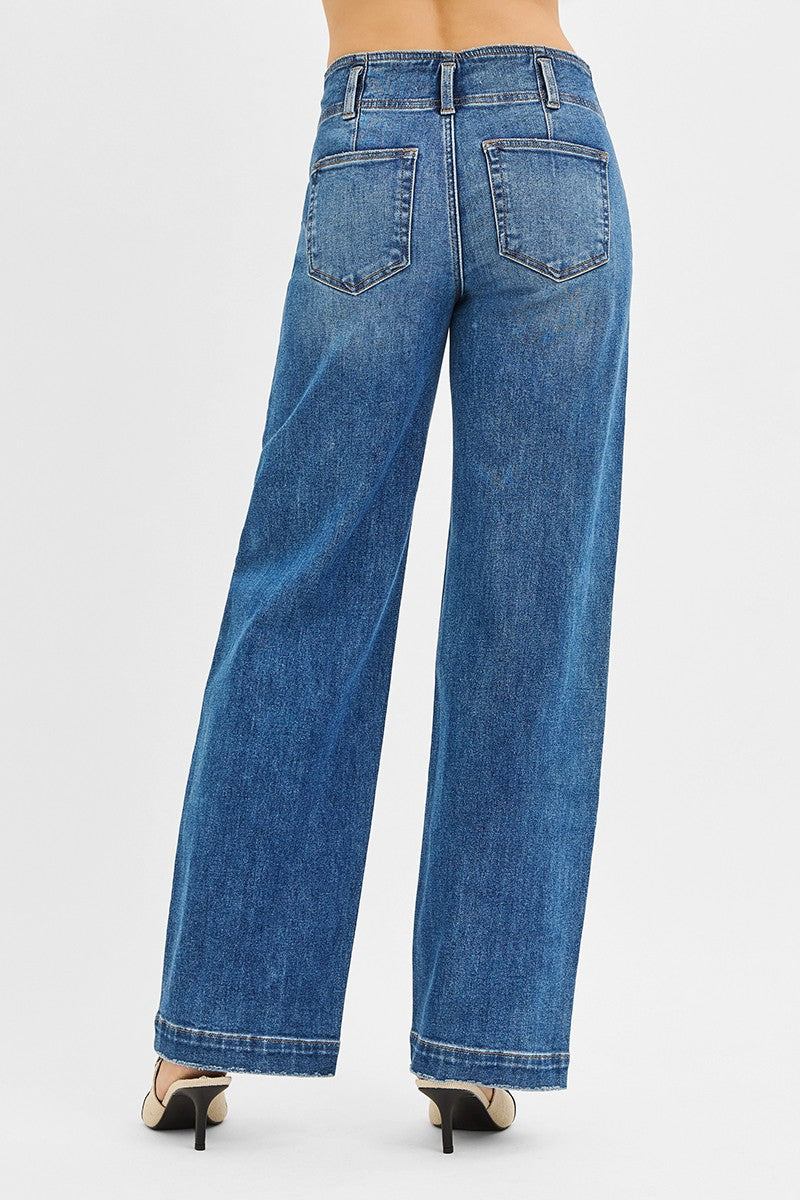 Georgia Mid Rise Wide Baggy Denim Front Seam Detail
