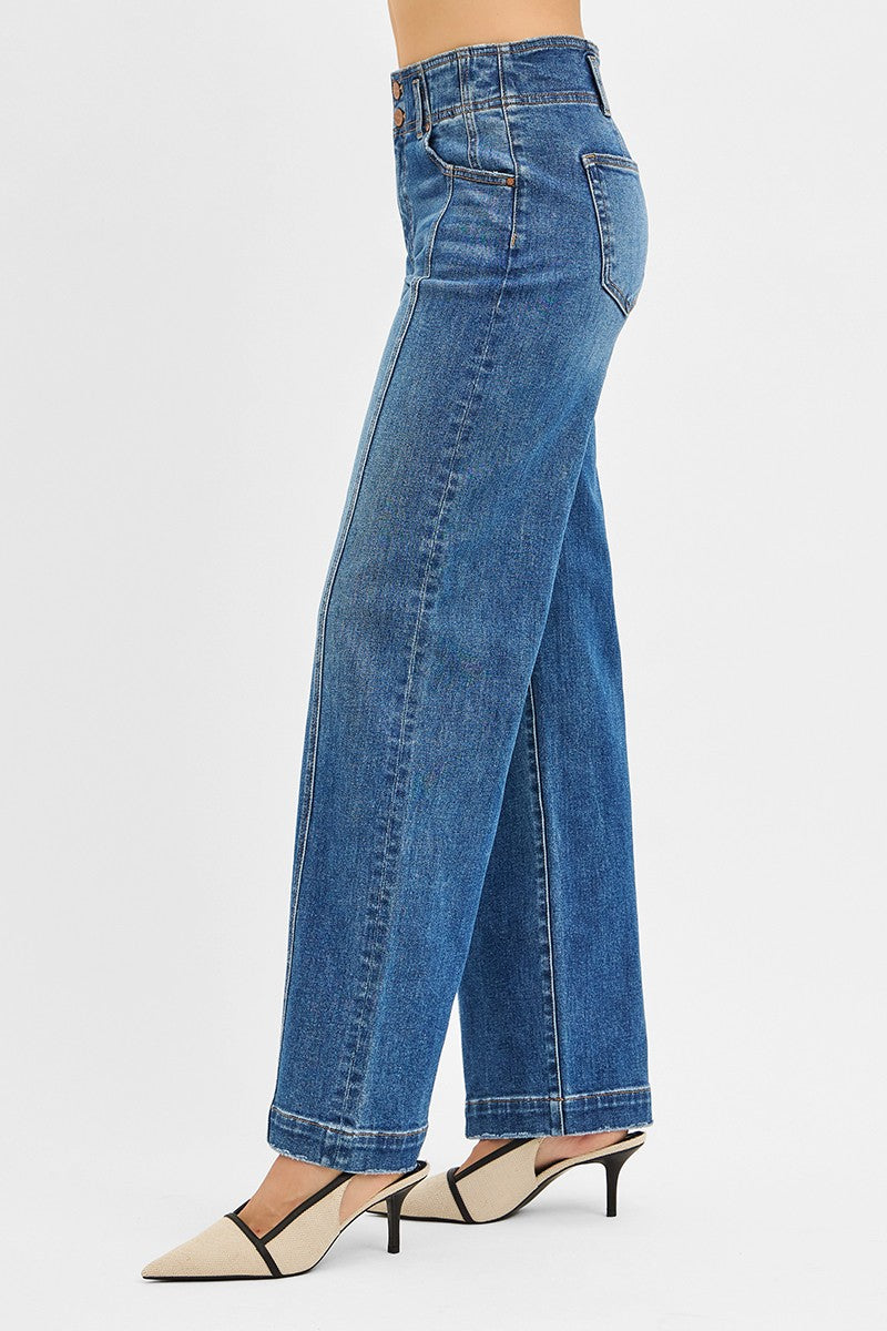 Georgia Mid Rise Wide Baggy Denim Front Seam Detail