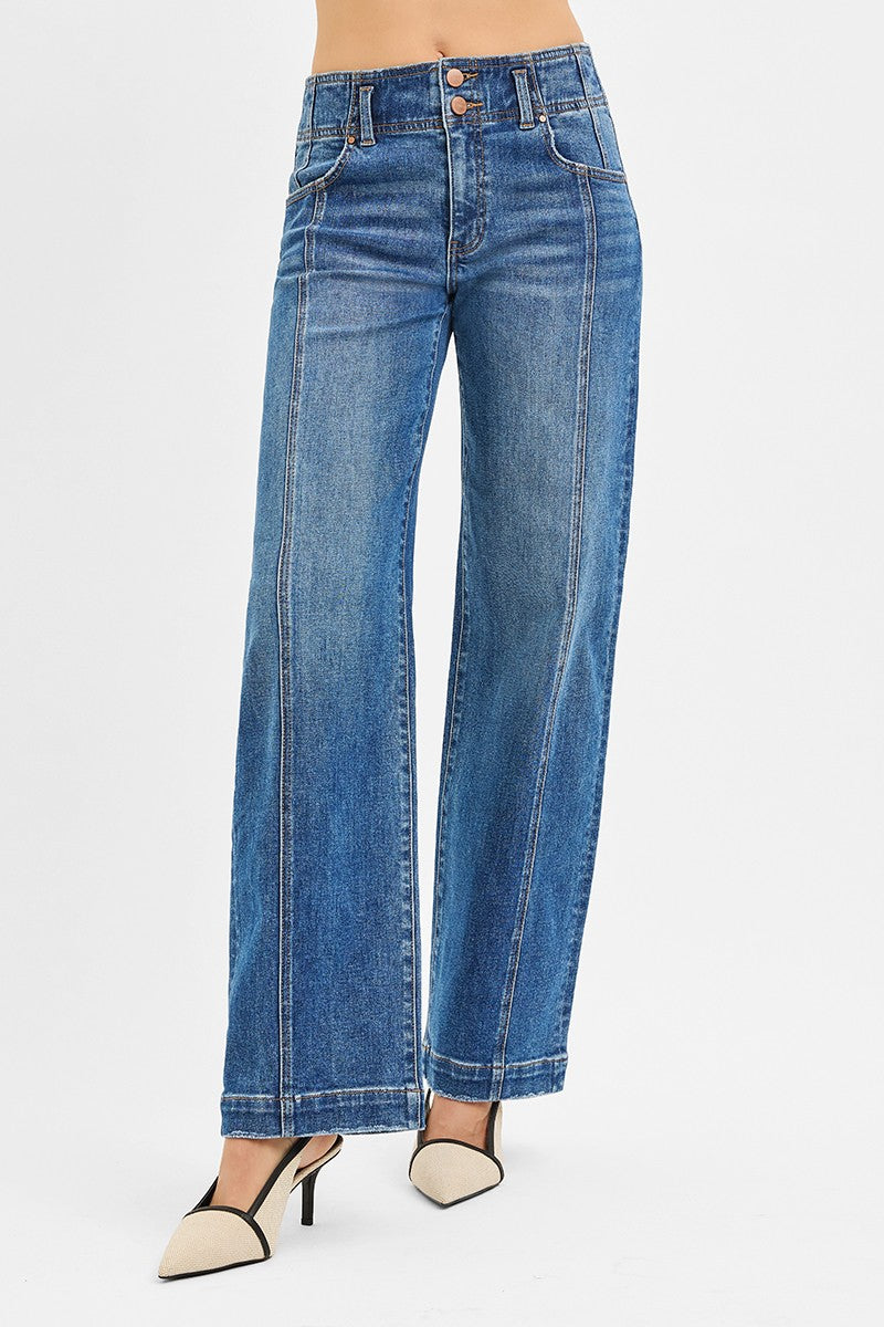 Georgia Mid Rise Wide Baggy Denim Front Seam Detail