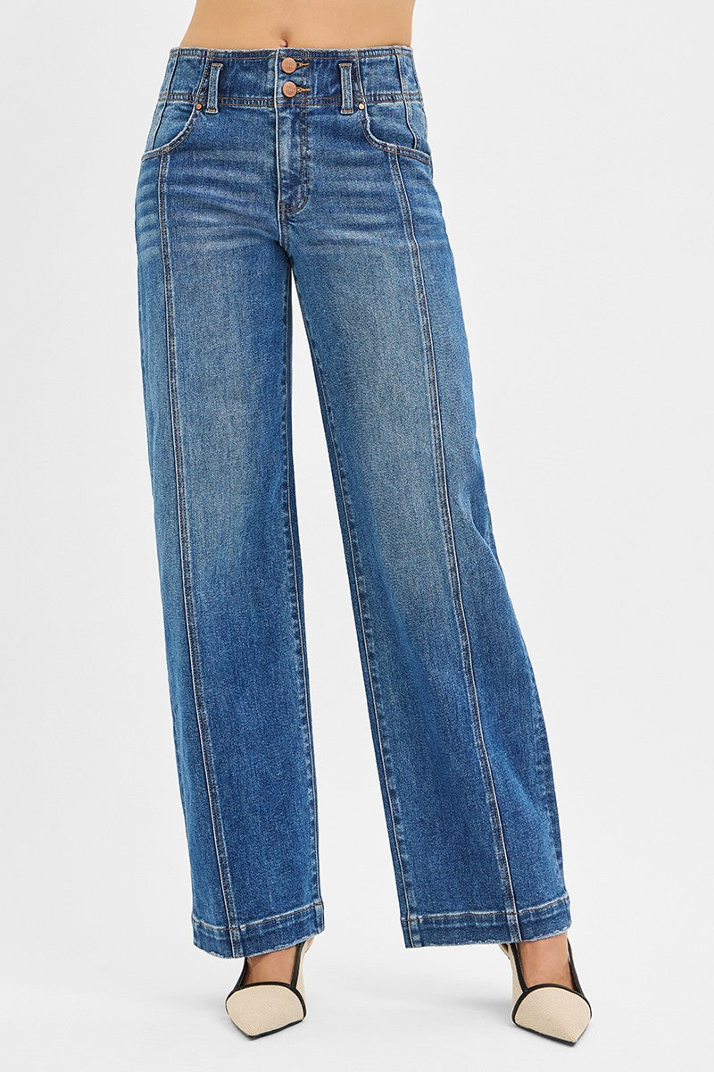 Georgia Mid Rise Wide Baggy Denim Front Seam Detail