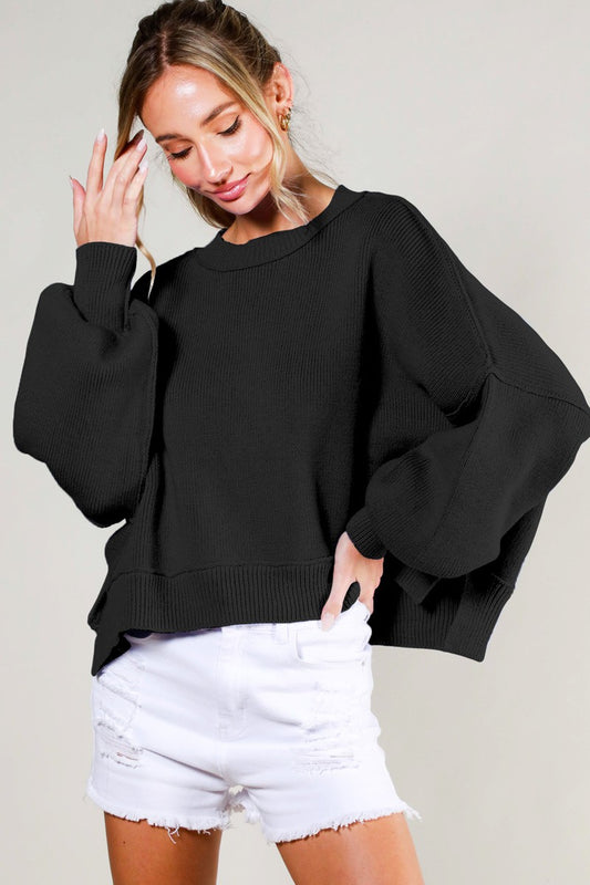 Molly Crew Neck Balloon Sleeve Sweater Top/Black